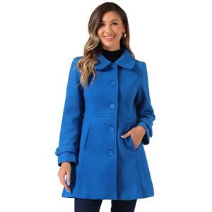 Peter Pan Collar Single Breasted Winter Outwear Buttoned Long Coat Royal Blue